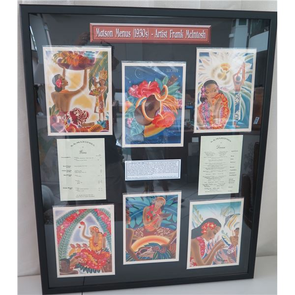 Qty 6 Original 1930s Matson Menus, Artist Frank McIntosh, Framed, Complete Set, 34" x 42" Frame