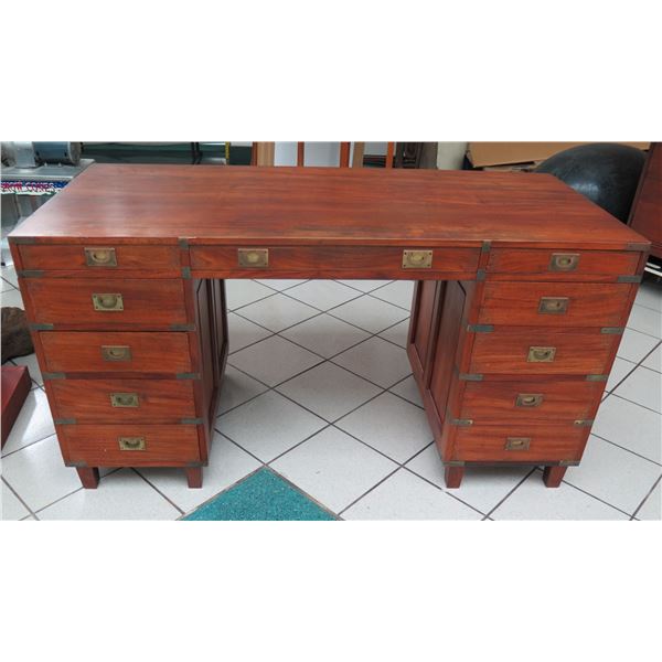 Wooden Desk with Inlaid Brass Filigree & Hardware, 59" x  29" x 31" H (cosmetic age blemishes)