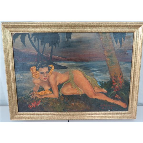 Framed Oil Painting, Hula Girl, 1945, Signed by Artist A. Blanchini 17" x 23"