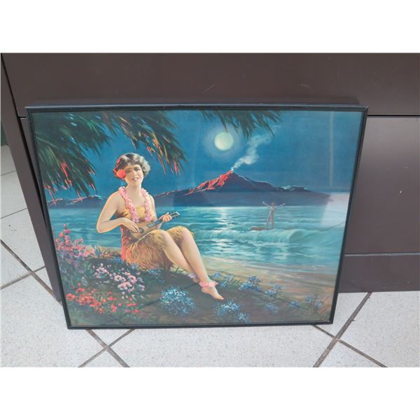 Framed Vintage Print, Hula Girl w/ Ukulele on the Beach 20" x 16"