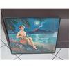 Image 1 : Framed Vintage Print, Hula Girl w/ Ukulele on the Beach 20" x 16"