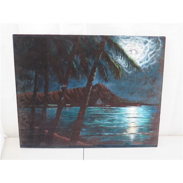 Oil on Black Velvet, Diamond Head, Signed Victor, Hawaii, 28" x 36"