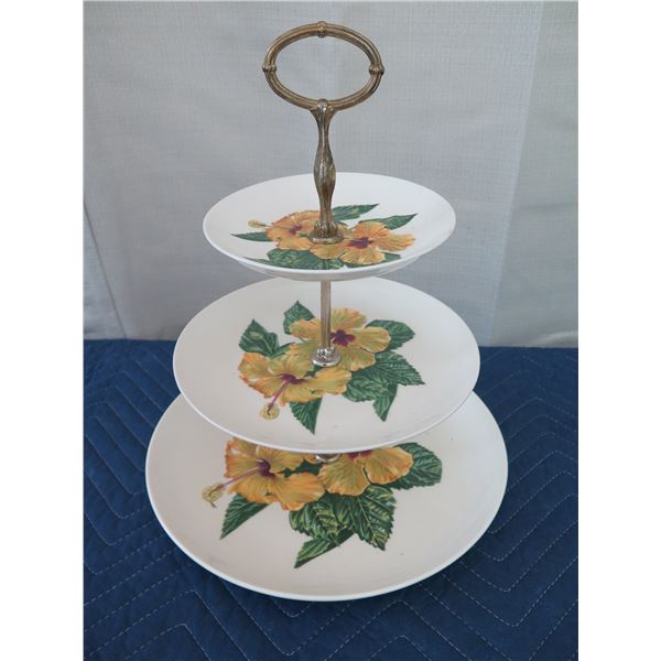 Vintage Santa Anita Ware 3-Tier Server w/ Yellow Hibiscus Motif 15" Tall