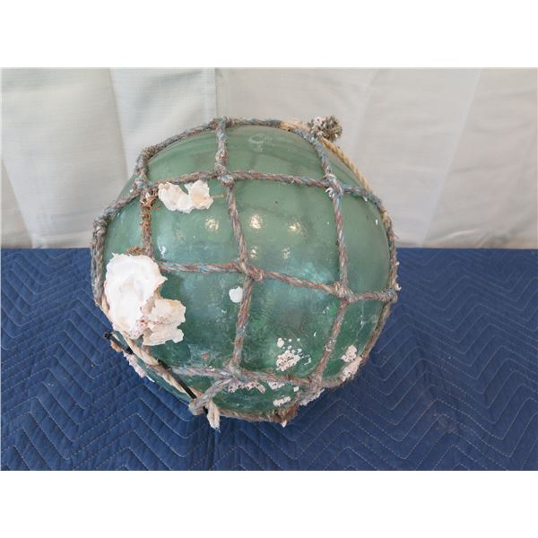 Large Vintage Glass Ball Float w/ Net & Barnacles, Approx. 15" Dia.