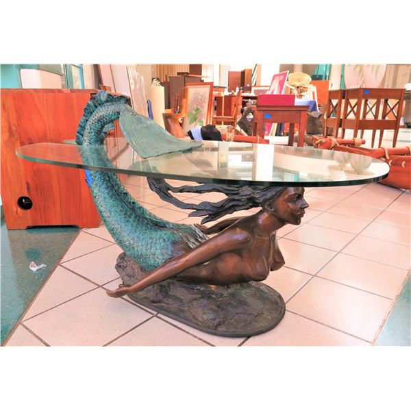 Bronze Mermaid Coffee Table w/ Glass Top, 25"W, 50" Long