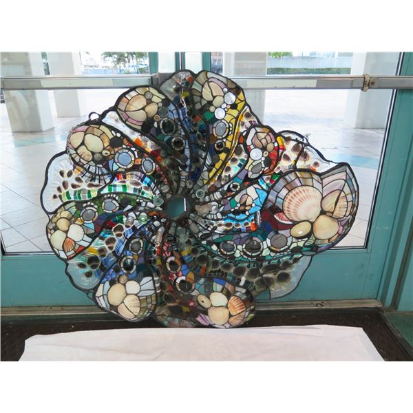 Stained Glass "Cornucopia" Wall Sculpture w/ Shells, Bottle Tops, Artist Daniel Tarr, 42"x50"
