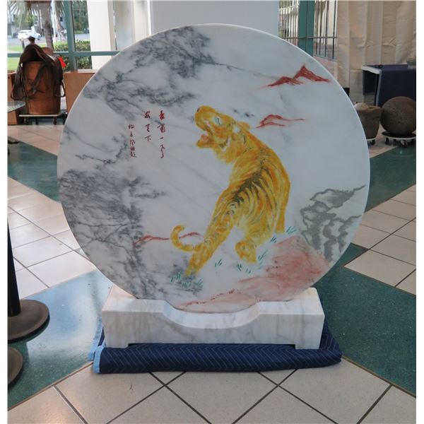 Large, Round Painted Marble, Asian Tiger Motif, Carved Marble Display Mount 48" Dia, 52"H
