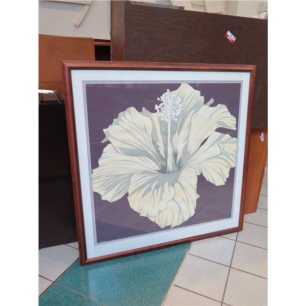 Very Large Original Watercolor "Hibiscus" Signed, Russell Lowery, Koa Frame 50"x50"