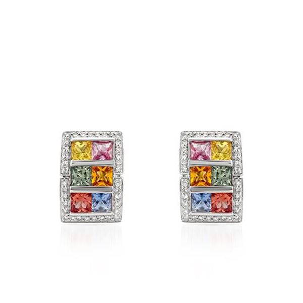 Natural 5.36 CTW Multi-Sapphire & Diamond Earrings 18K White Gold - REF-153H2W