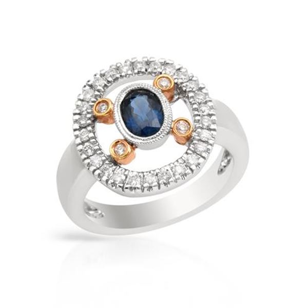 Natural 1.02 CTW Sapphire & Diamond Ring 18K Two Tone Gold - REF-115R2K