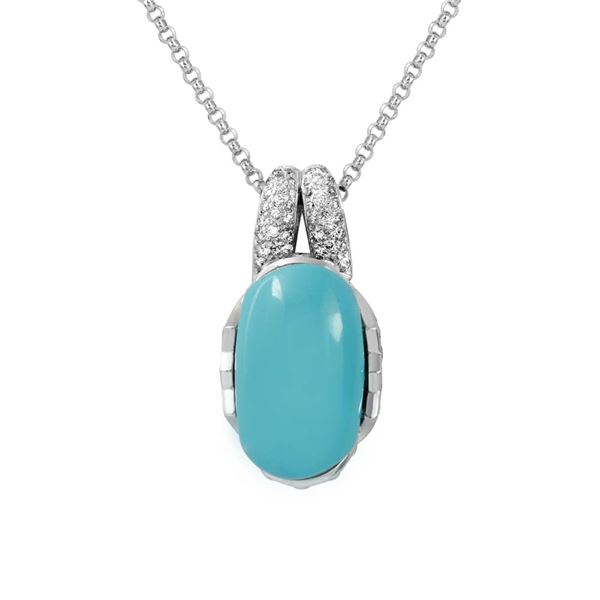 Natural 13.81 CTW Turquoise & Diamond Necklace 14K White Gold - REF-94R5K