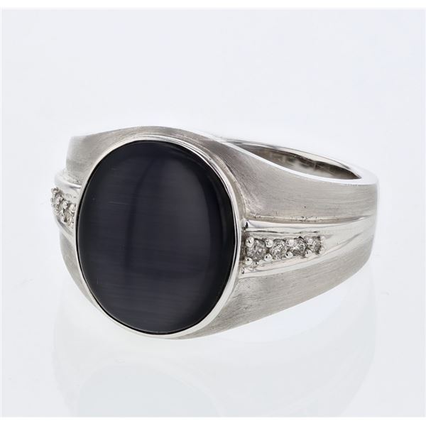 Natural 6.15 CTW Cat's Eye & Diamond Ring 14K White Gold - REF-80H3W
