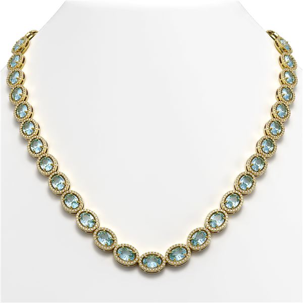 41.88 ctw Aquamarine & Diamond Micro Pave Halo Necklace 10k Yellow Gold - REF-722N4F