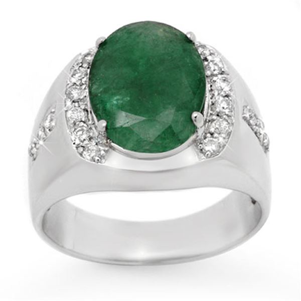 6.33 ctw Emerald & Diamond Men's Ring 10k White Gold - REF-138R2K