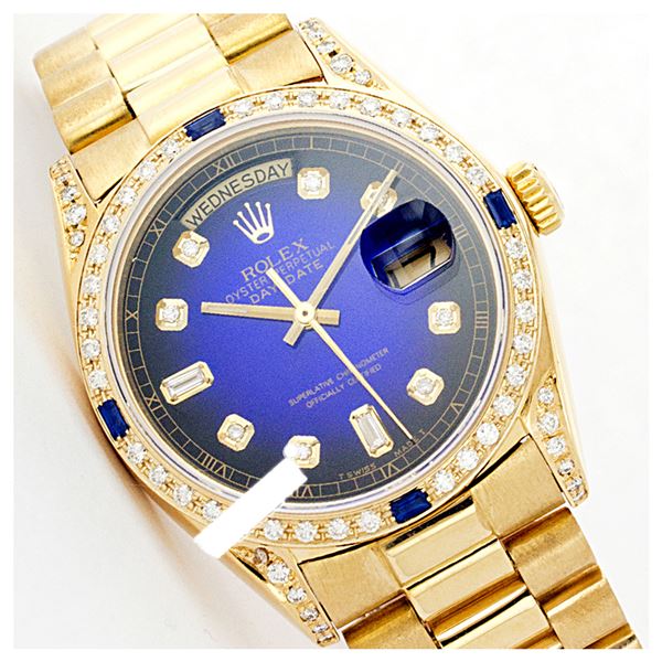 Rolex Men's 18K Yellow President, QuickSet, Diam Dial & Diam/Sapphire Bezel - REF-1457A4N