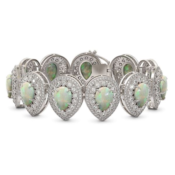 46.44 ctw Certified Opal & Diamond Victorian Bracelet 14K White Gold - REF-1468K4Y
