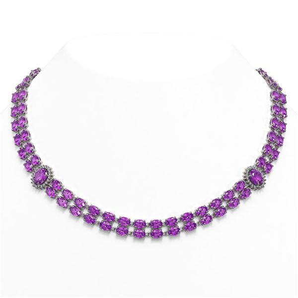 55.03 ctw Amethyst & Diamond Necklace 14K White Gold - REF-581Y8X
