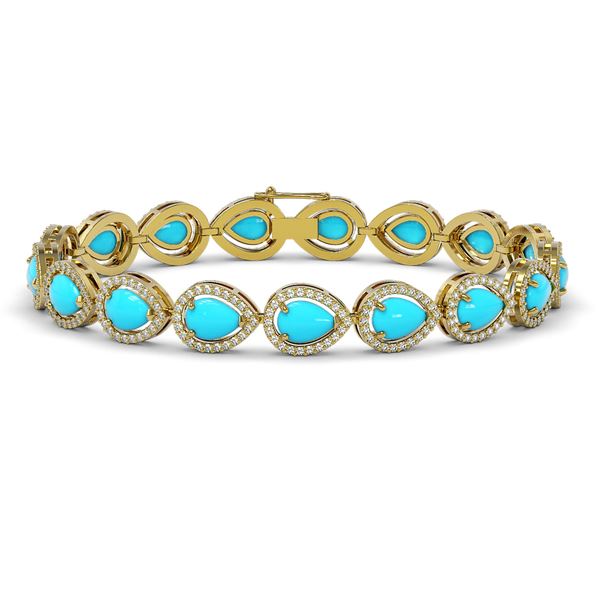 13.19 ctw Turquoise & Diamond Micro Pave Halo Bracelet 10k Yellow Gold - REF-305M8G