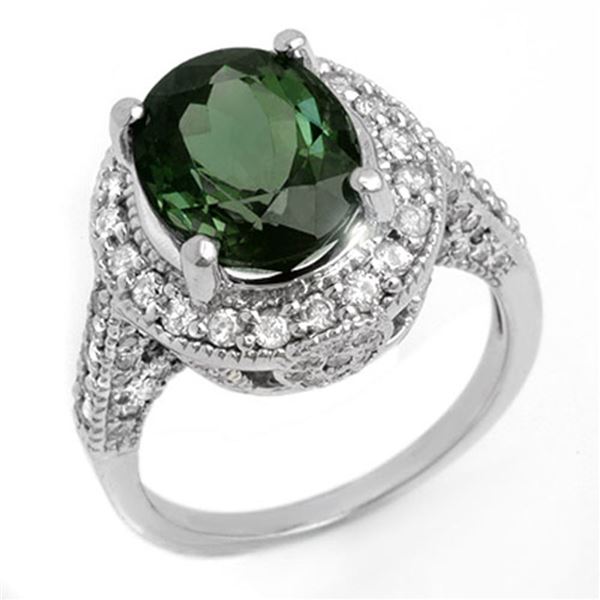 6.0 ctw Green Tourmaline & Diamond Ring 14k White Gold - REF-178X2A