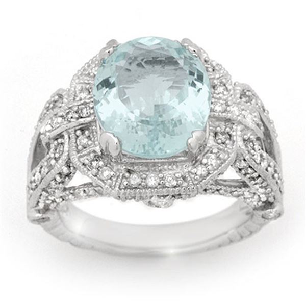 6.50 ctw Aquamarine & Diamond Ring 14k White Gold - REF-236W4H