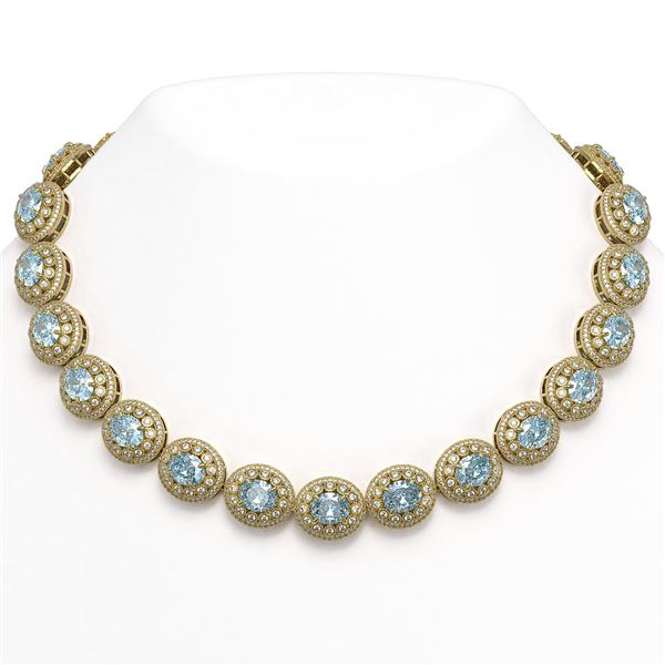 90.5 ctw Aquamarine & Diamond Victorian Necklace 14K Yellow Gold - REF-3020X2A