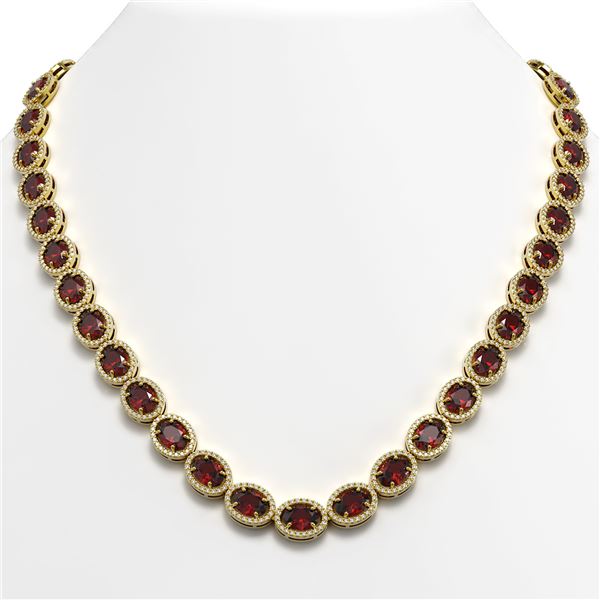 50.08 ctw Garnet & Diamond Micro Pave Halo Necklace 10k Yellow Gold - REF-663W6H