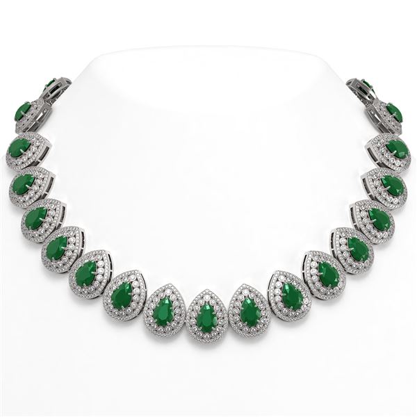121.42 ctw Emerald & Diamond Victorian Necklace 14K White Gold - REF-3909K3Y