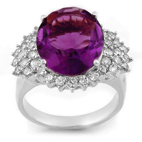 8.18 ctw Amethyst & Diamond Ring 18k White Gold - REF-129A3N