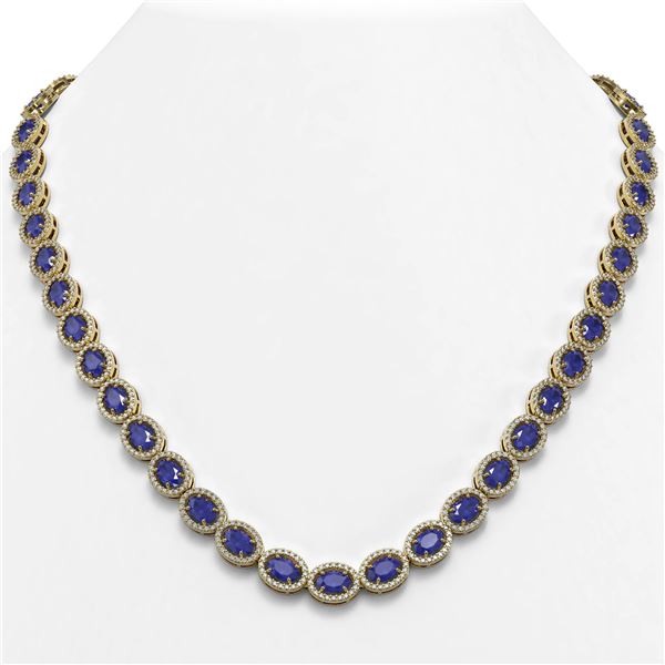 34.11 ctw Sapphire & Diamond Micro Pave Halo Necklace 10k Yellow Gold - REF-672R8K