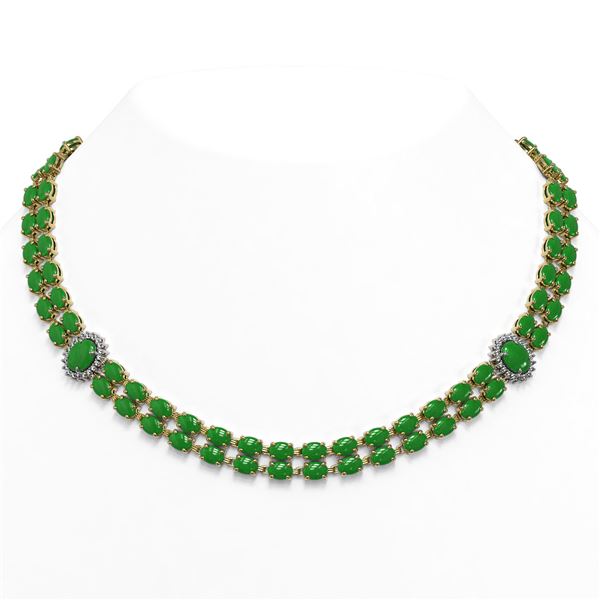 65.77 ctw Jade & Diamond Necklace 14K Yellow Gold - REF-581H8R