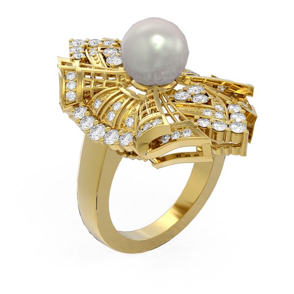 2 ctw Diamond & Pearl Ring 18K Yellow Gold - REF-253K3Y
