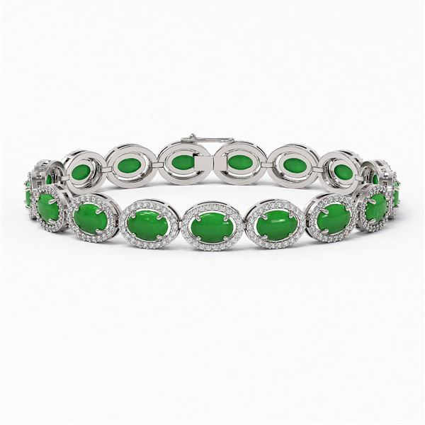 21.78 ctw Jade & Diamond Micro Pave Halo Bracelet 10k White Gold - REF-250A9N