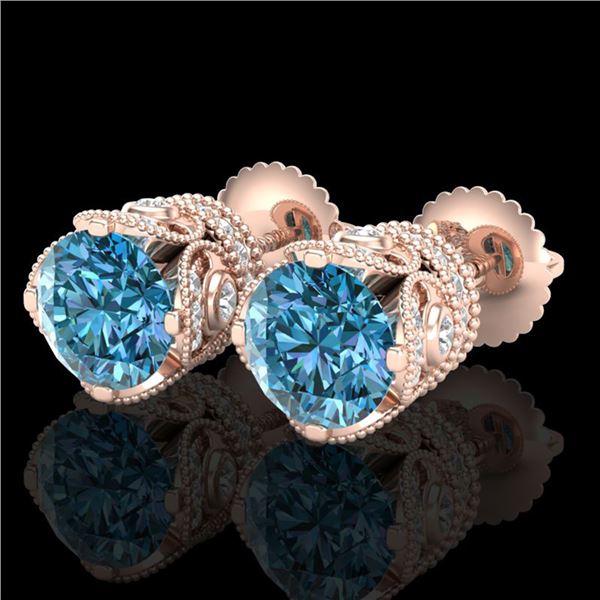 3 ctw Fancy Intense Blue Diamond Art Deco Earrings 18k Rose Gold - REF-572R8K