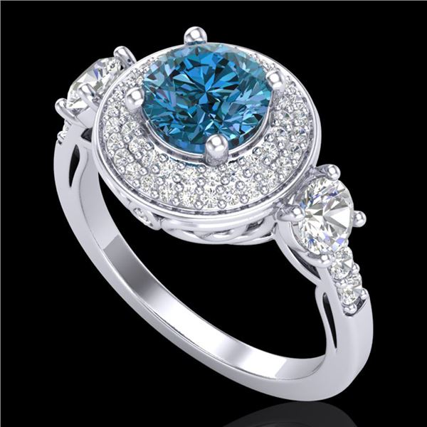 2.05 ctw Intense Blue Diamond Art Deco 3 Stone Ring 18k White Gold - REF-300M2G