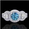 Image 2 : 2.16 ctw Intense Blue Diamond Art Deco 3 Stone Ring 18k White Gold - REF-270K9Y