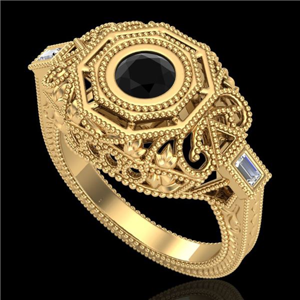 0.75 ctw Fancy Black Diamond Engagment Art Deco Ring 18k Yellow Gold - REF-118A2N