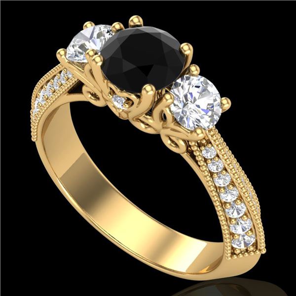1.81 ctw Fancy Black Diamond Art Deco 3 Stone Ring 18k Yellow Gold - REF-180F2M