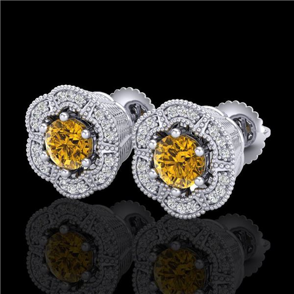 1.51 ctw Intense Fancy Yellow Diamond Art Deco Earrings 18k White Gold - REF-247F3M