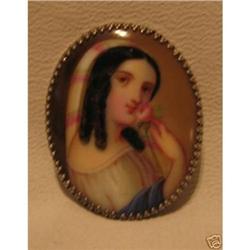 Old Paris porcelain brooch of a coquette 1840's#1641233