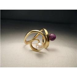 Estate 14K YG Pearl Amethyst Designer Ring #1653006