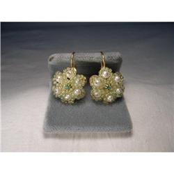 18K Gold Handmade Seed Pearl Emerald Earrings #1653036