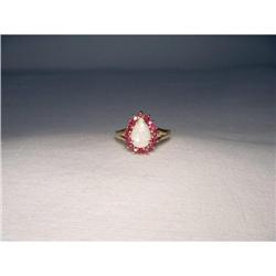 Estate 14K YG Gold Filigree Ruby Pear Opal Ring#1653069