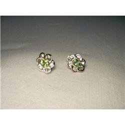 Estate 14K WG Diamond Peridot Floral Earrings #1653079