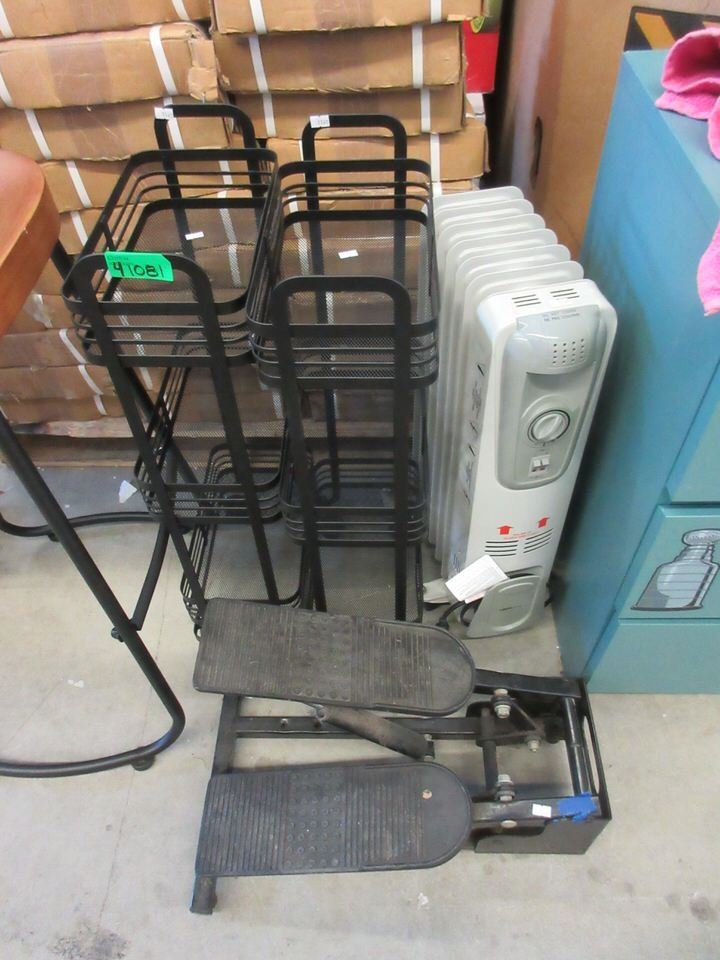 Exerciser, Oil Heater, & 2 Rolling Storage Racks