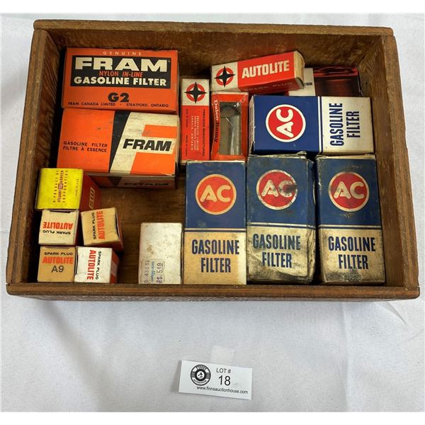 Vintage Wood Box With 16 Pieces, Vintage Car Accessories, Fram AC Delco Motor Craft, Etc.