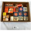 Image 1 : Vintage Wood Box With 16 Pieces, Vintage Car Accessories, Fram AC Delco Motor Craft, Etc.