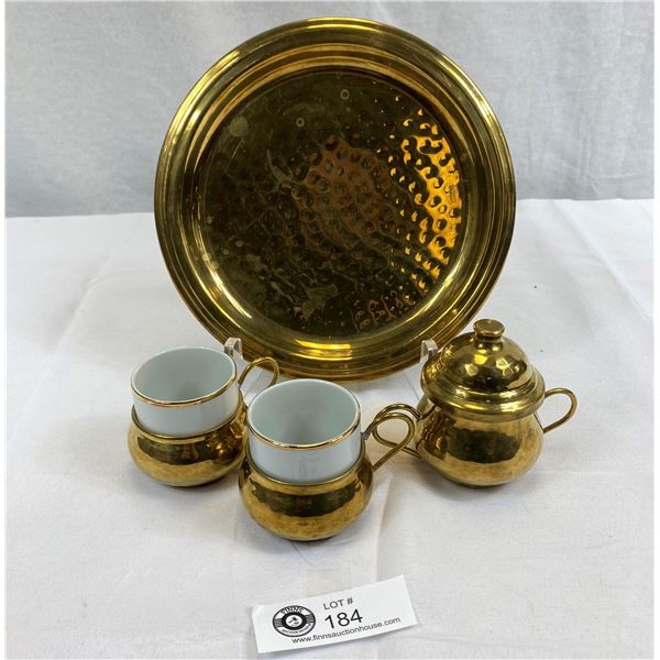 MCM Ottone Barruto A Mano Hammered Brass 8.5' Tray With Espresso Cups And Sugar Made In Italy