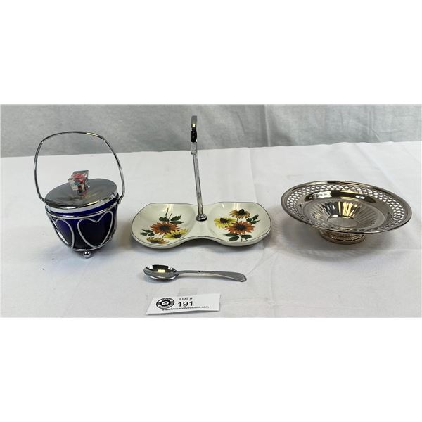MCM Handled Condiment Cobalt Dish With Spoon, Handled Tidbit TRAY And Silverplate Dish
