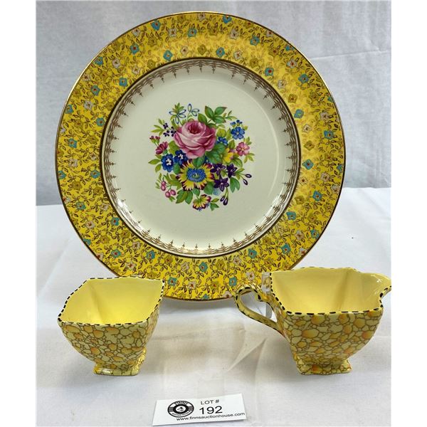 Vintage Royal Winton Grimwades Pebble Enamel Chintz Cream And Sugar And 10.5" Hand Painted Plate