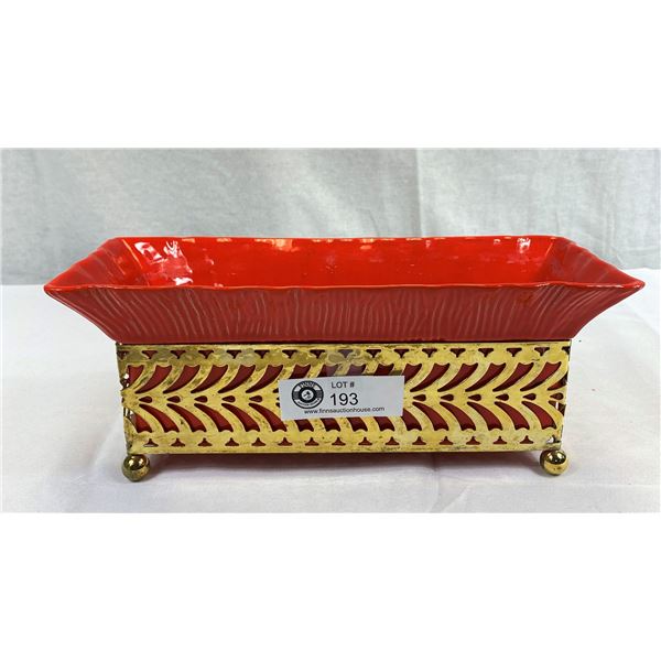 Vintage 1955 Poppy Red California Pottery Planter In Brass Caddy, Approx. 8" Tall